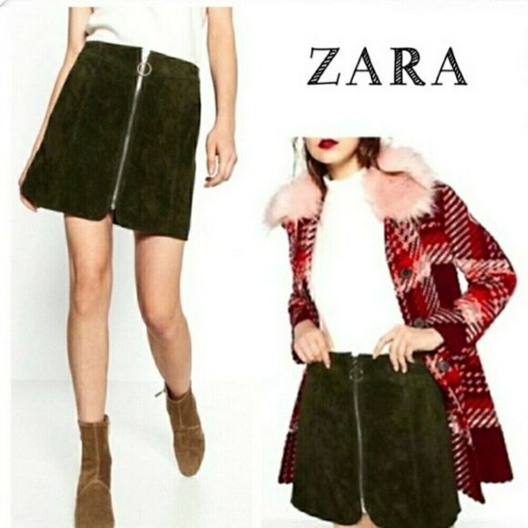 Zara Suede Zip Front Skirt Olive Green S #1428-4 - Picture 1 of 12